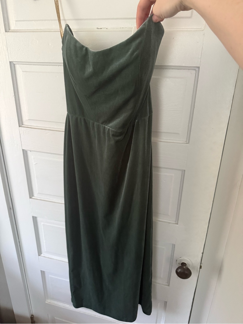 Jenny Yoo Dark Eucalyptus Strapless Velvet Gown